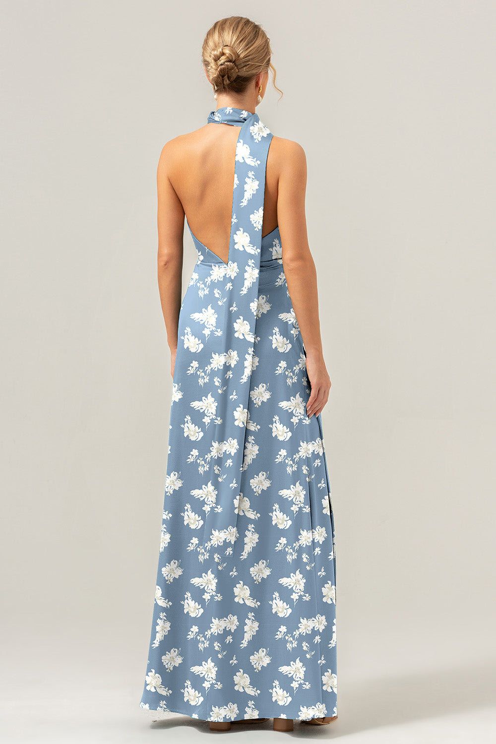 Blue White Flower Sheath Satin Floral Bridesmaid Dress with Ribbon