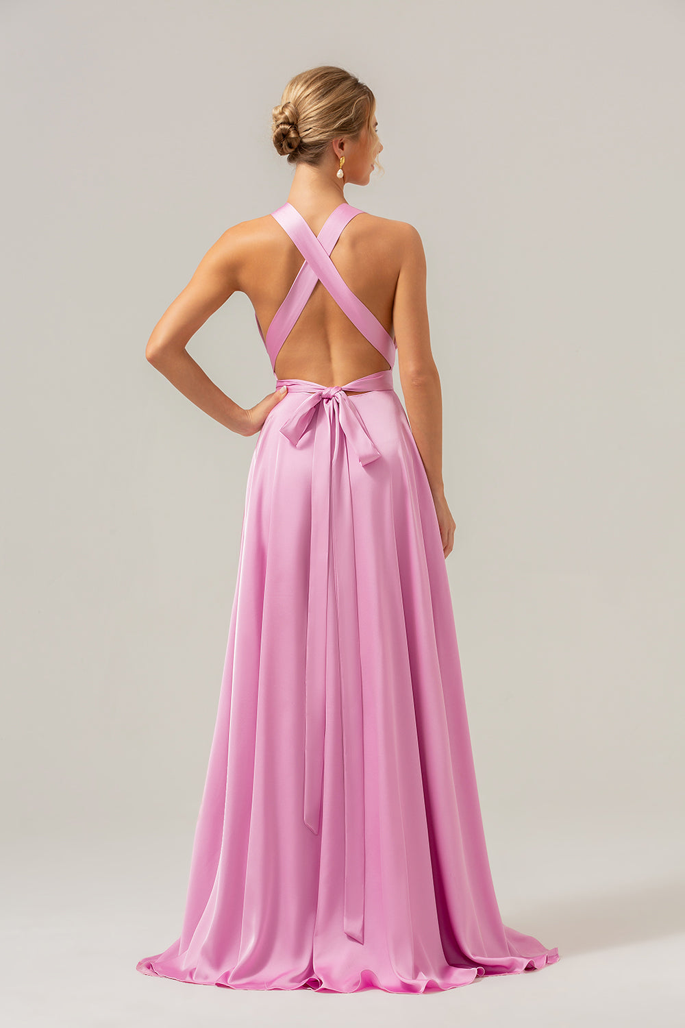 Pink A Line V-Neck Satin Lace Up Bridesmaid Dress with Slit