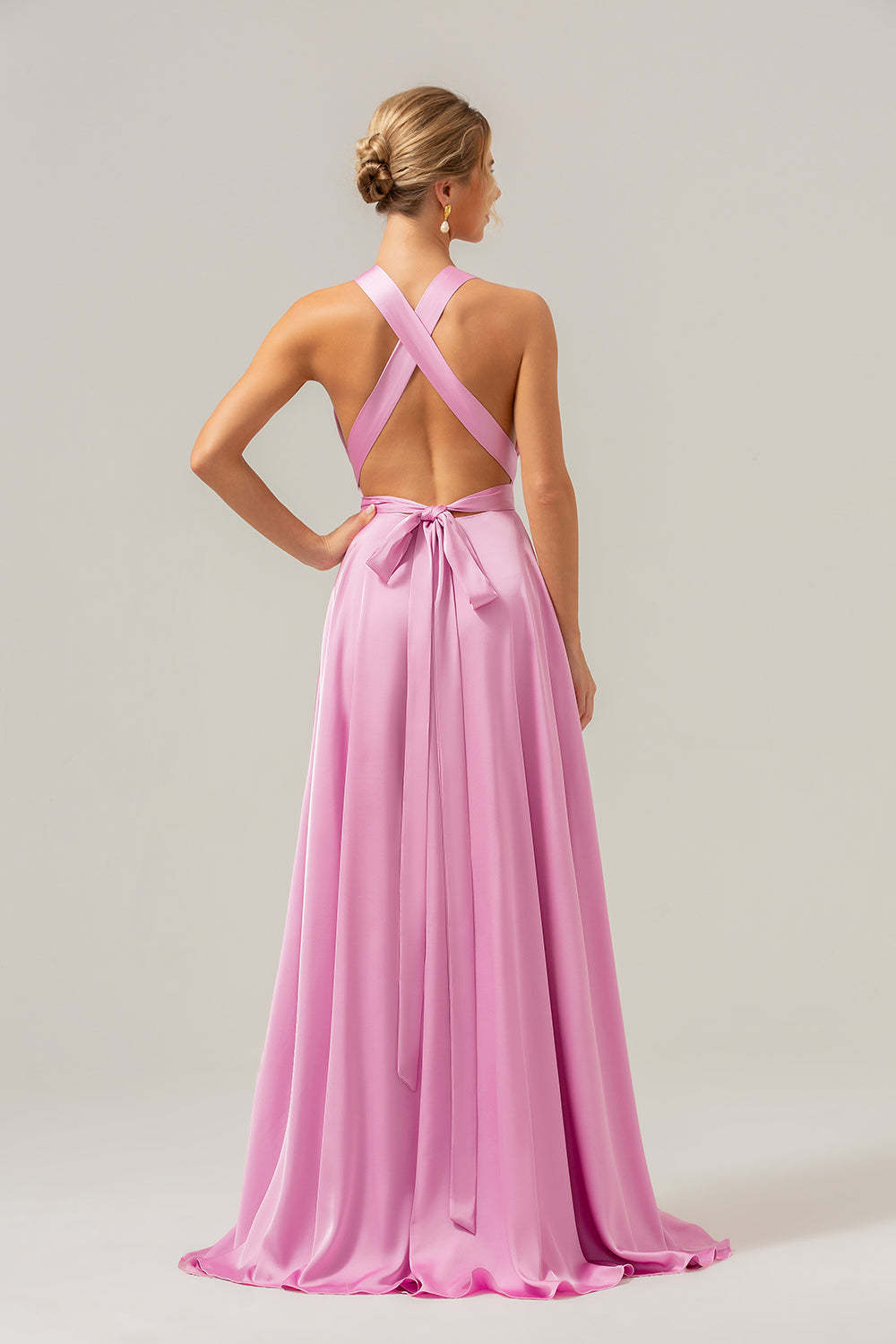 Pink A Line V-Neck Satin Lace Up Bridesmaid Dress with Slit