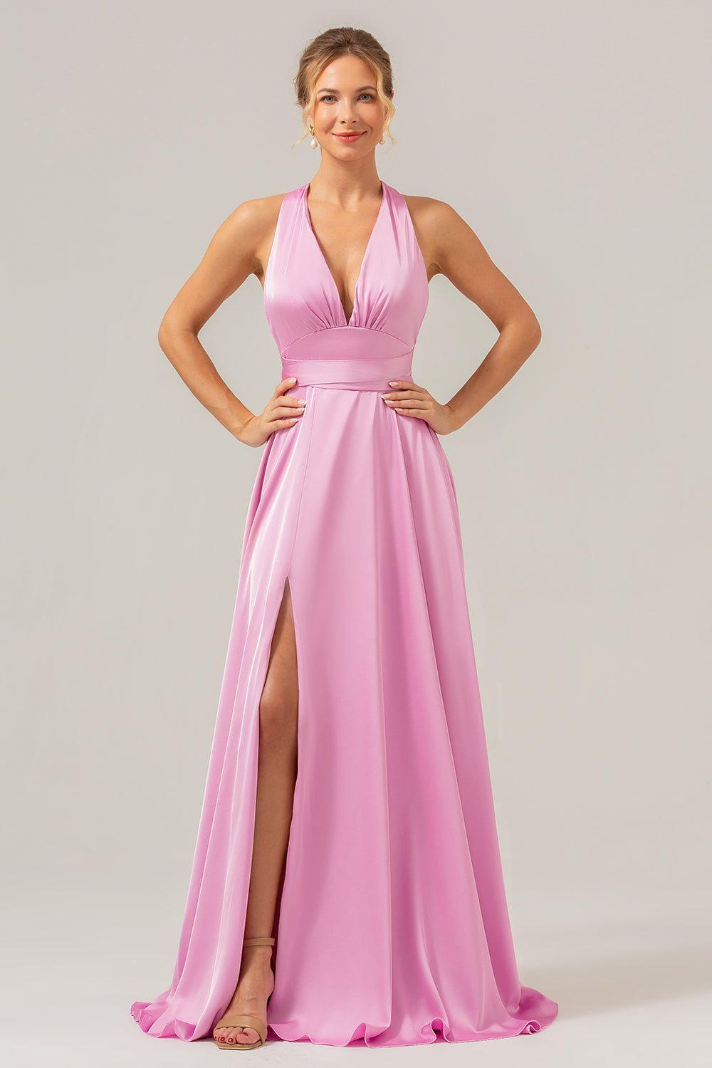 Pink A Line V-Neck Satin Lace Up Bridesmaid Dress with Slit