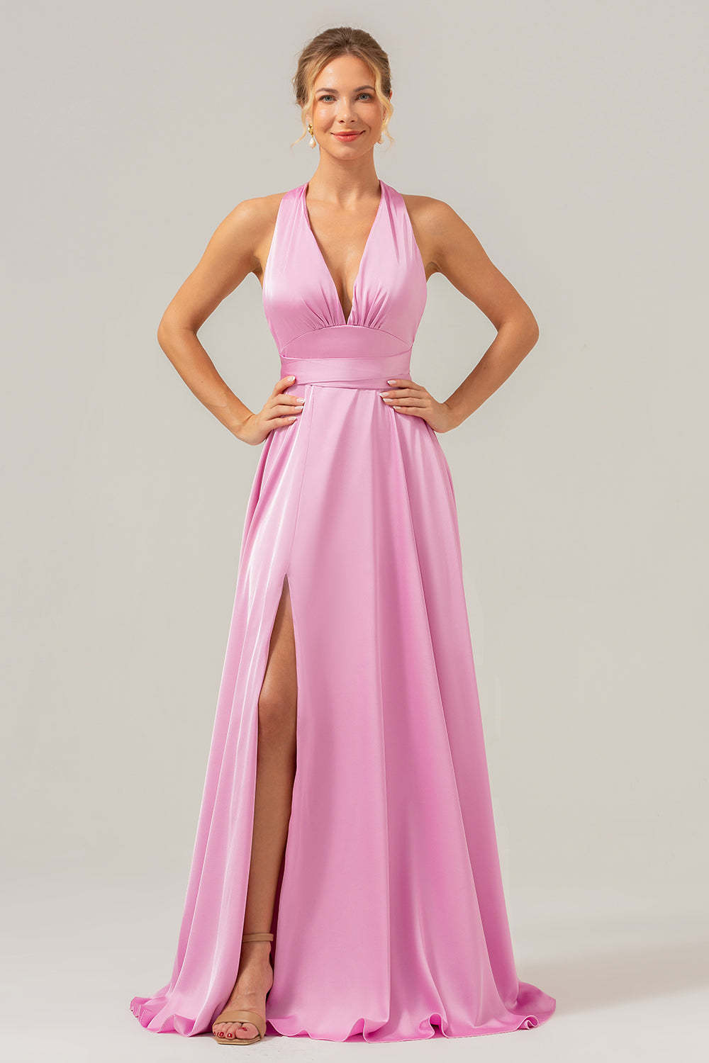 Pink A Line V-Neck Satin Lace Up Bridesmaid Dress with Slit