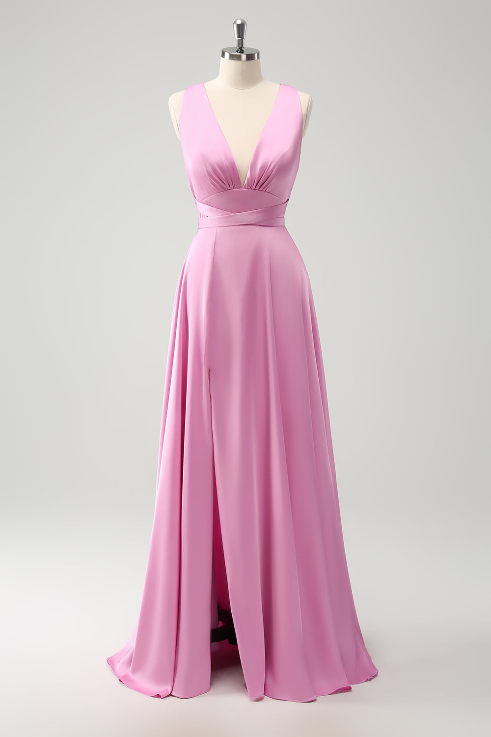 Pink A Line V-Neck Satin Lace Up Bridesmaid Dress with Slit