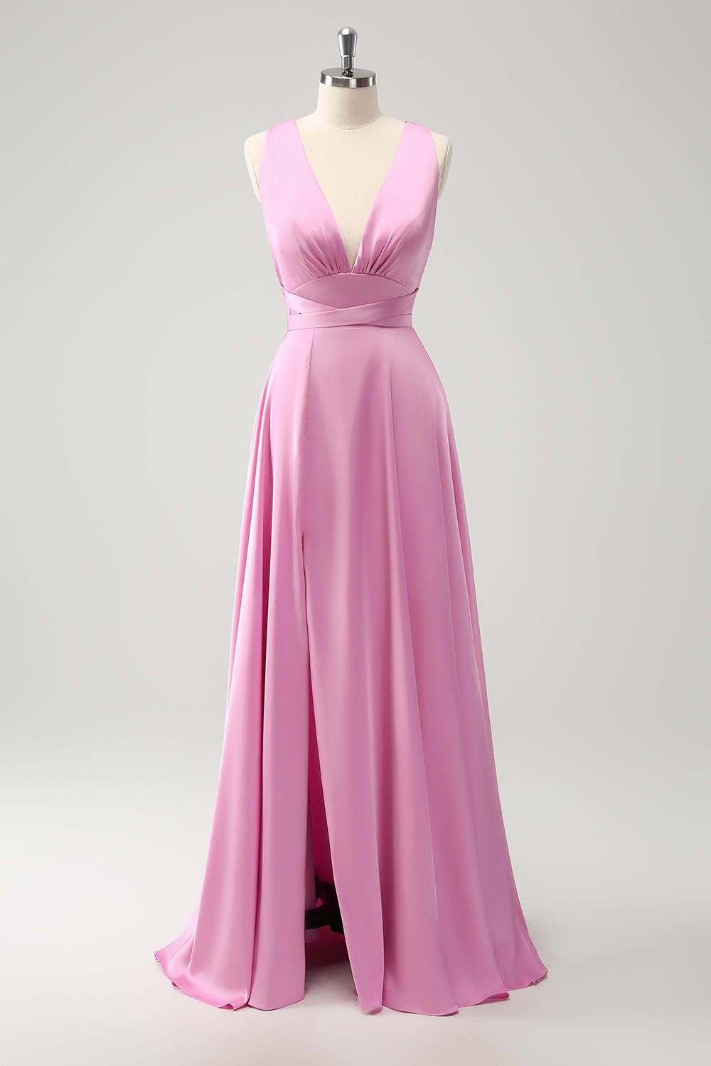 Pink A Line V-Neck Satin Lace Up Bridesmaid Dress with Slit