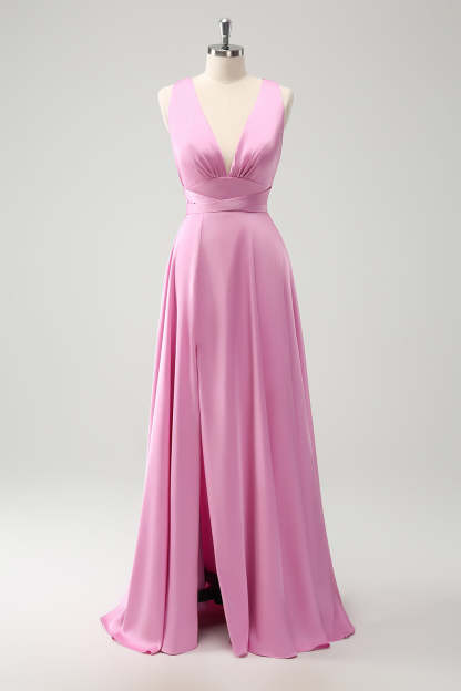 Pink A Line V-Neck Satin Lace Up Bridesmaid Dress with Slit
