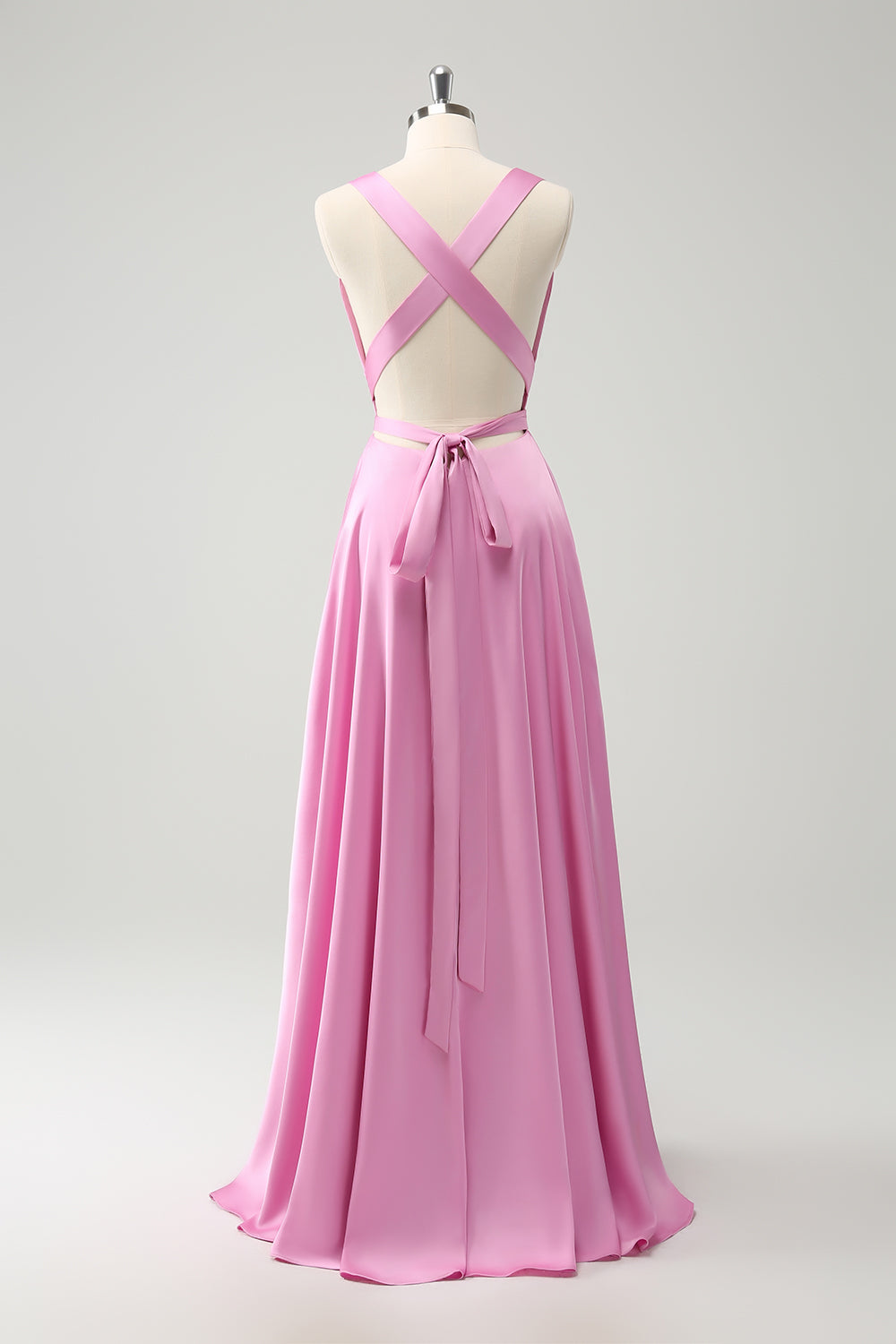 Pink A Line V-Neck Satin Lace Up Bridesmaid Dress with Slit