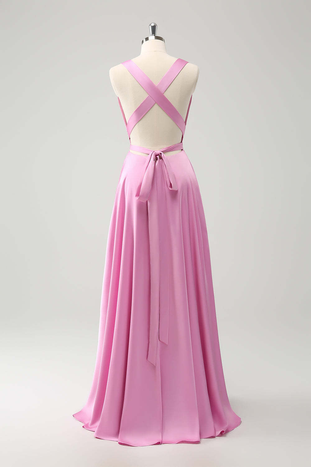 Pink A Line V-Neck Satin Lace Up Bridesmaid Dress with Slit