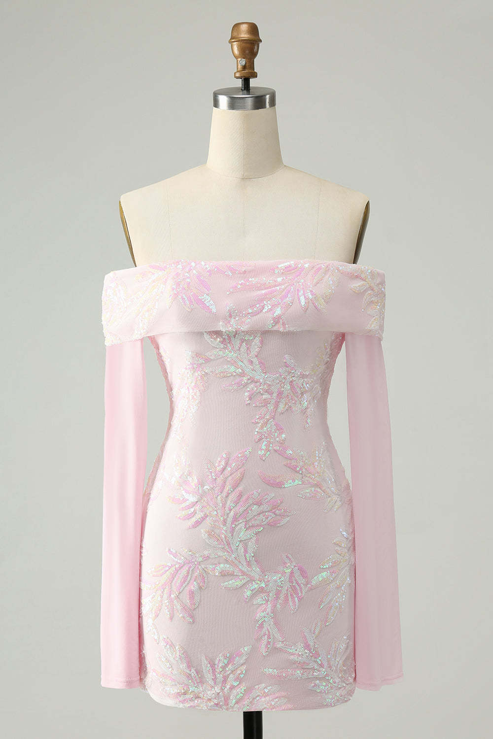Leely Women Sparkly Pink Bodycon Sequin Homecoming Dress with Long Sleeves Off The Shoulder Cocktail Dress