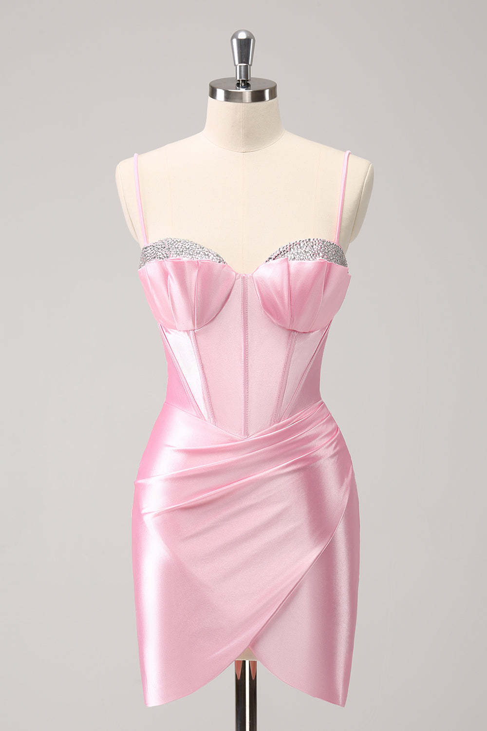 Leely Women Sparkly Pink Tight Homecoming Dress Spaghetti Straps Beaded Satin Short Cocktail Dress