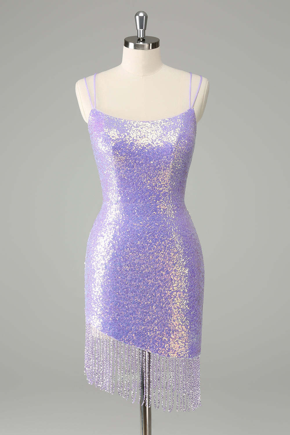 Leely Women Sparkly Lilac Homecoming Dress with Tassels Bodycon Sequins Asymmetrical Cocktail Party Dress