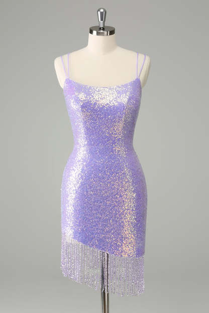 Leely Women Sparkly Lilac Homecoming Dress with Tassels Bodycon Sequins Asymmetrical Cocktail Party Dress