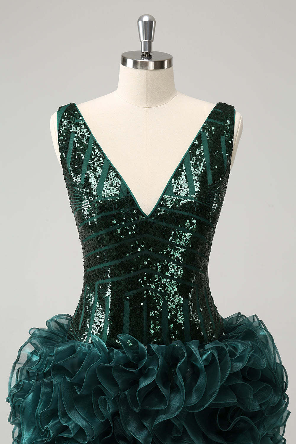 Dark Green V Neck Sequins Short Homecoming Dress with Ruffles