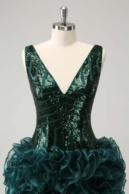 Dark Green V Neck Sequins Short Homecoming Dress with Ruffles