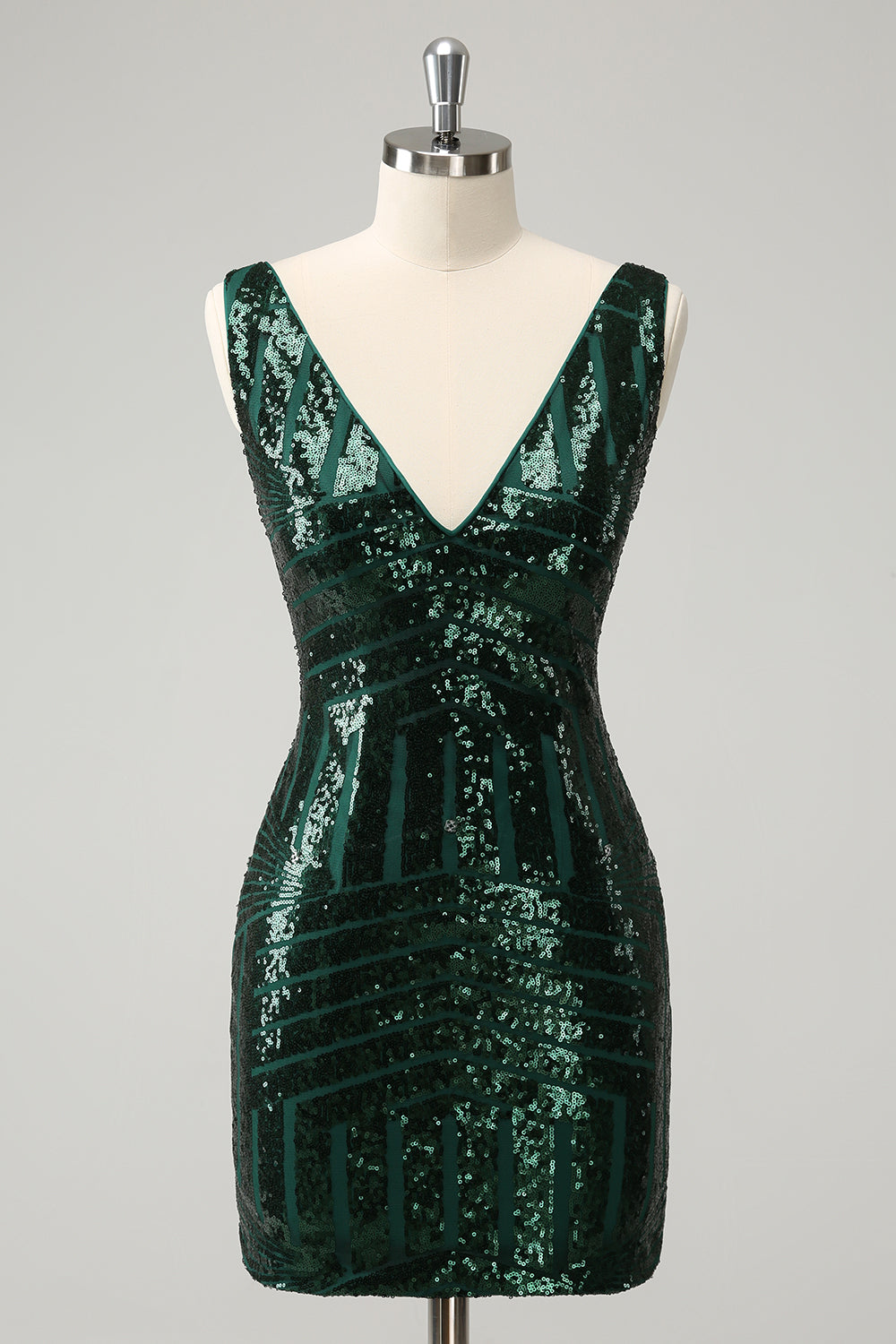 Glitter Dark Green V Neck Sequins Homecoming Dress with Detachable Ruffles
