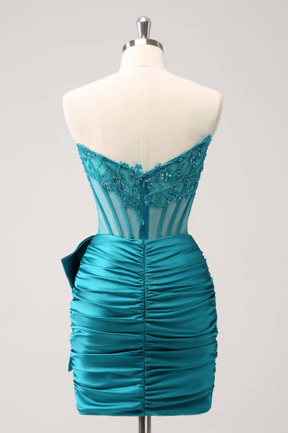 Peacock Strapless Beaded Appliques Tight Short Homecoming Dress