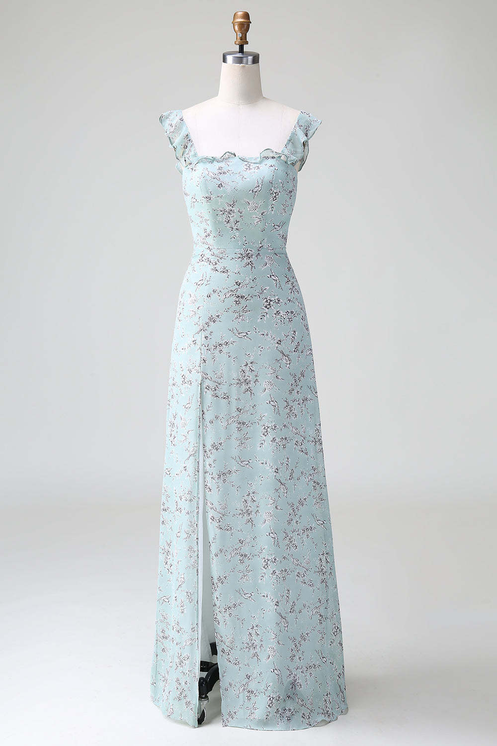 Leely Women Grey Green Bridesmaid Dress with Slit Sleeveless Floral A Line Wedding Guest Dress with Bowknot