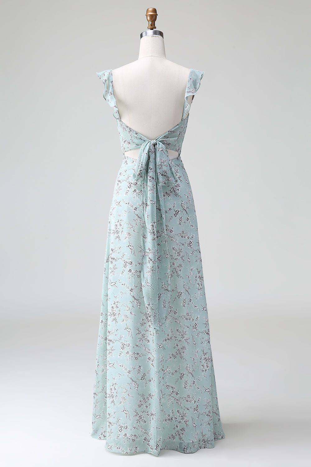 Grey Green Sleeveless Floral A Line Bridesmaid Dress with Slit