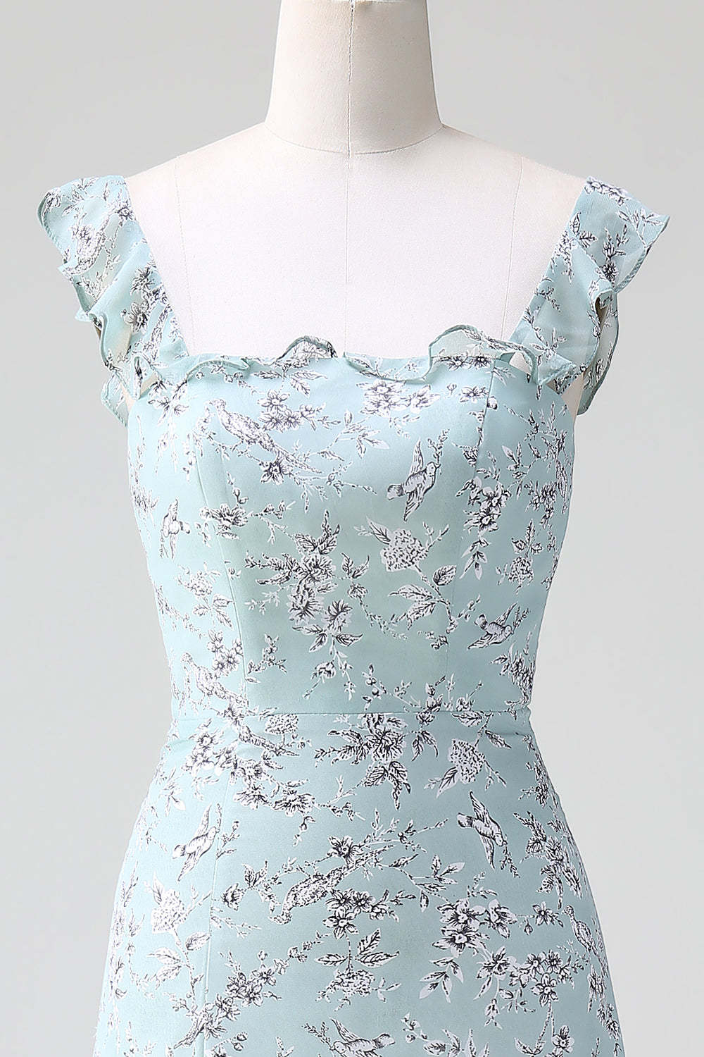 Grey Green Sleeveless Floral A Line Bridesmaid Dress with Slit