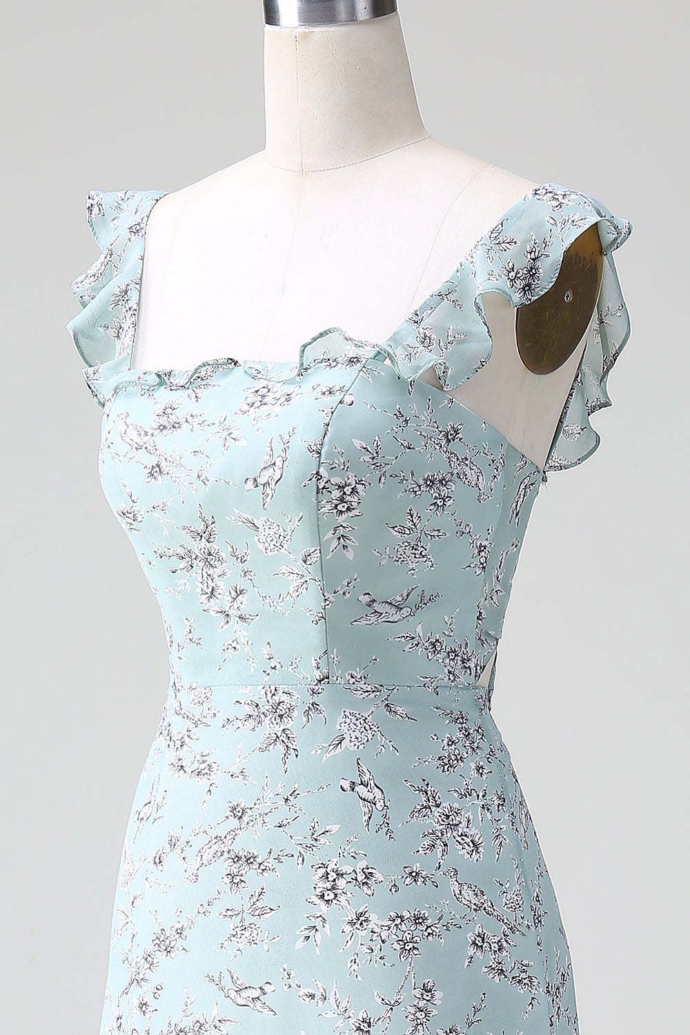 Grey Green Sleeveless Floral A Line Bridesmaid Dress with Slit
