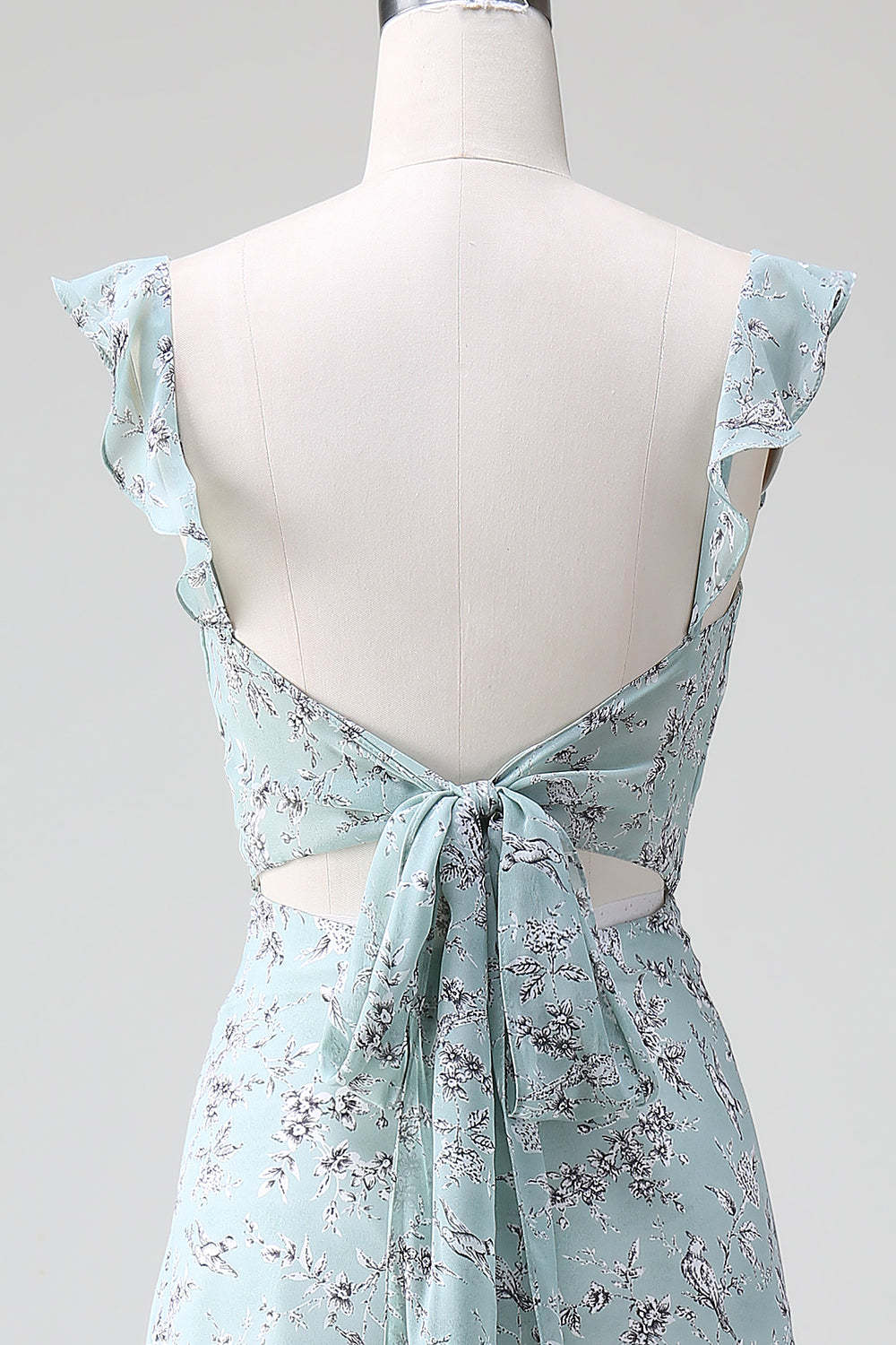 Grey Green Sleeveless Floral A Line Bridesmaid Dress with Slit