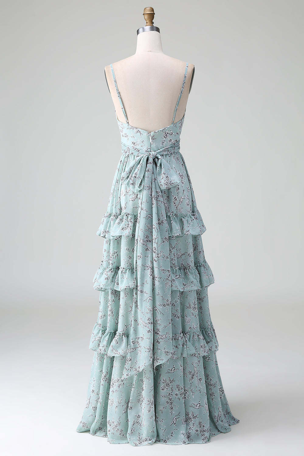 Spaghetti Straps Grey Green Ruffles Tiered Floral Long Bridesmaid Dress