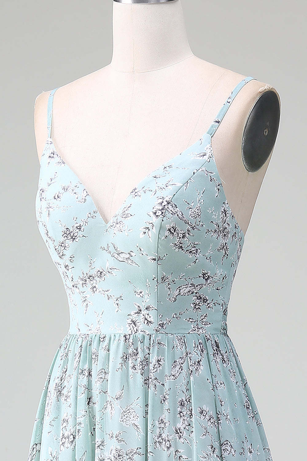 Spaghetti Straps Grey Green Ruffles Tiered Floral Long Bridesmaid Dress