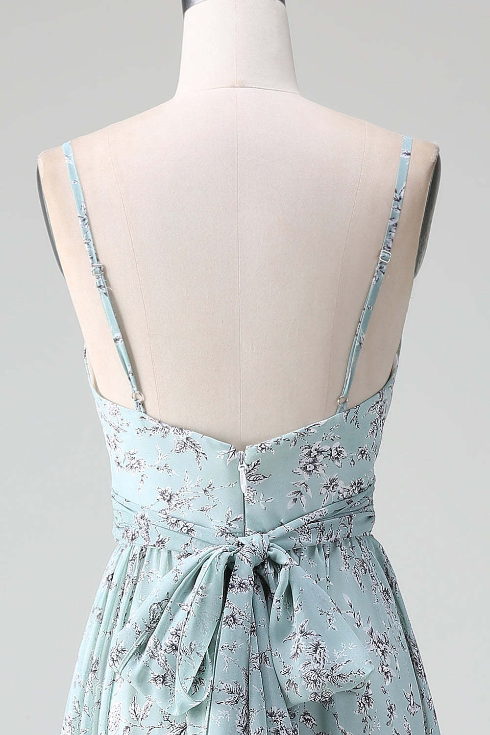 Spaghetti Straps Grey Green Ruffles Tiered Floral Long Bridesmaid Dress