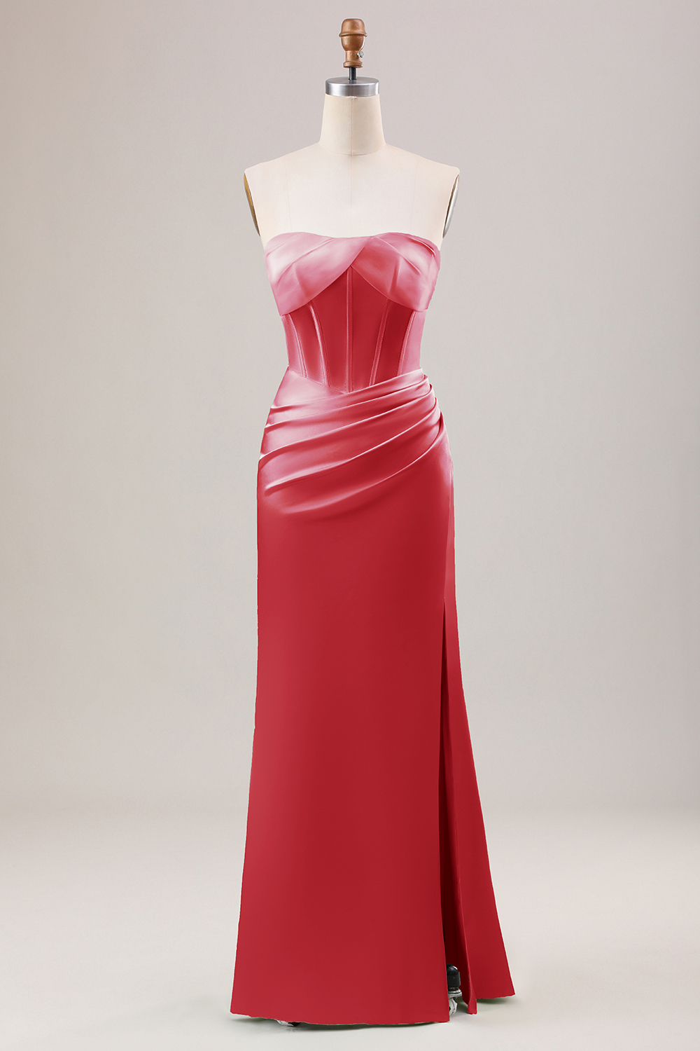 Green Strapless Corset Satin Bridesmaid Dress with Slit