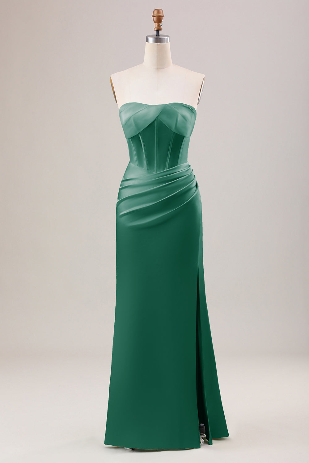 Leely Women Green Corset Strapless Bridesmaid Dress With Slit Sheath Satin Wedding Party Dress