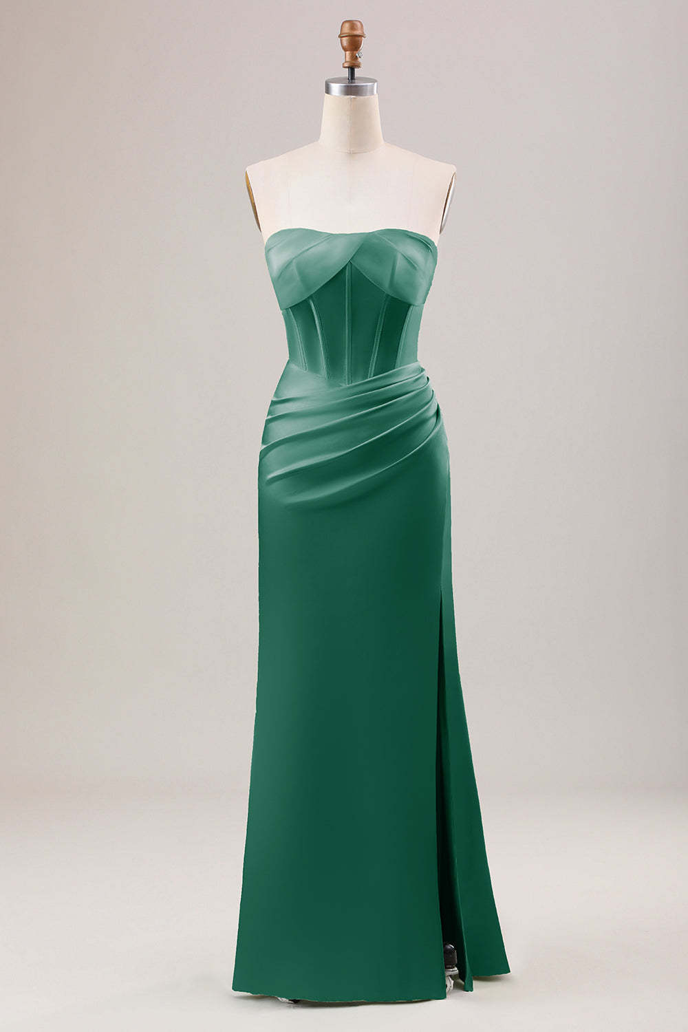 Leely Women Green Corset Strapless Bridesmaid Dress With Slit Sheath Satin Wedding Party Dress