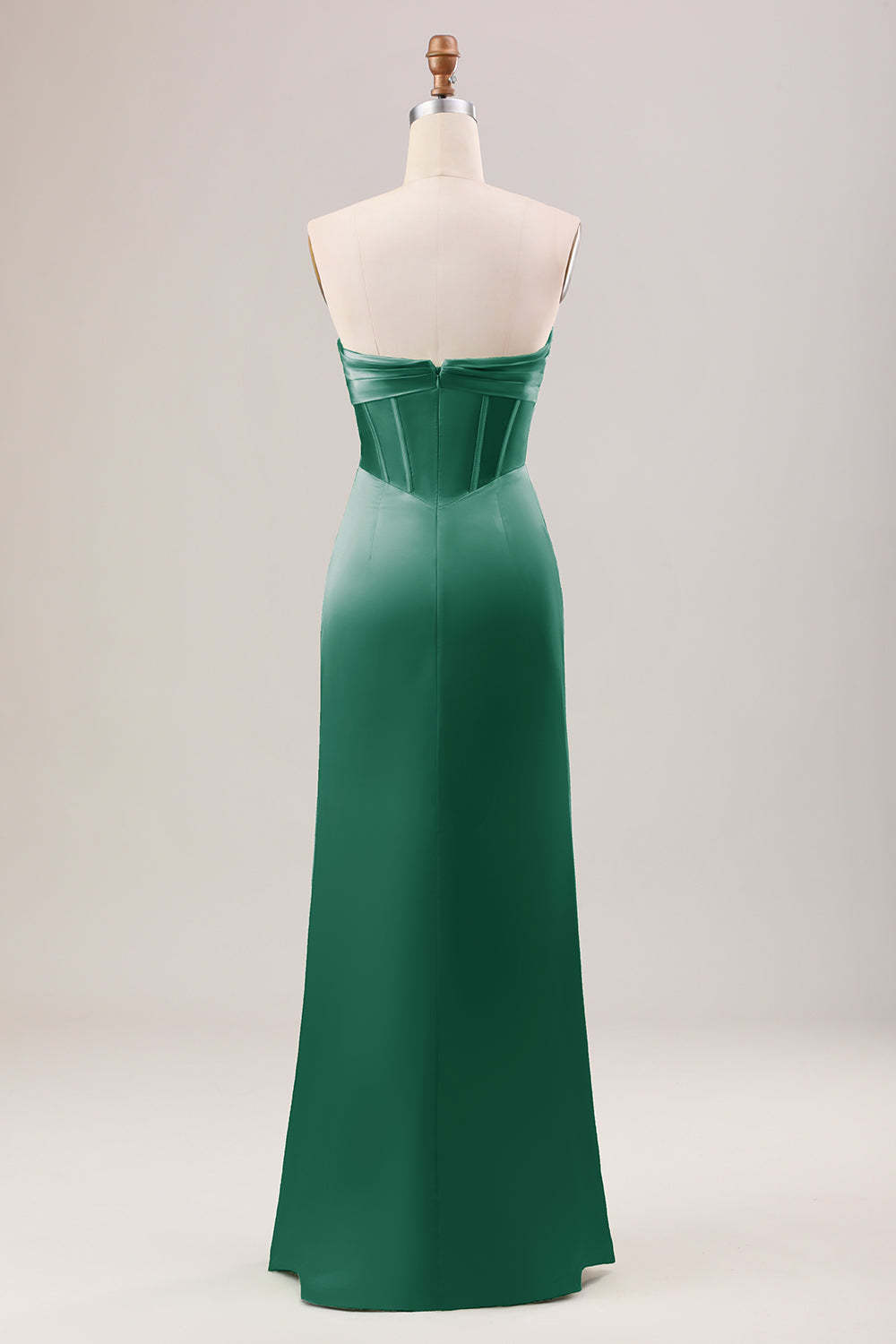 Sheath Corset Strapless Long Green Bridesmaid Dress With Slit