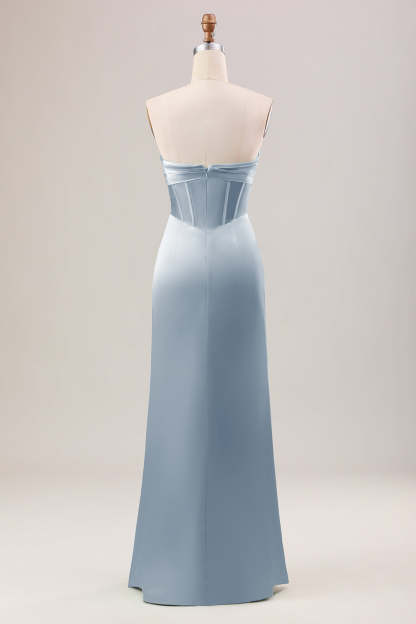 Sheath Corset Strapless Long Green Bridesmaid Dress With Slit