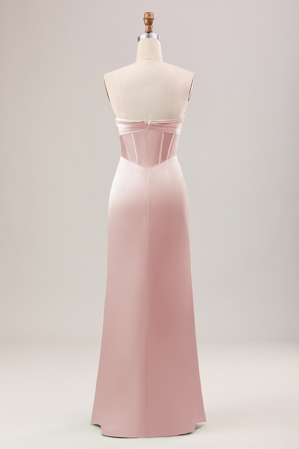 Green Strapless Corset Satin Bridesmaid Dress with Slit