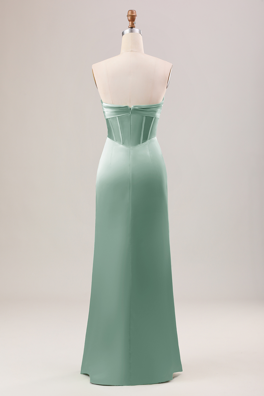 Green Strapless Corset Satin Bridesmaid Dress with Slit
