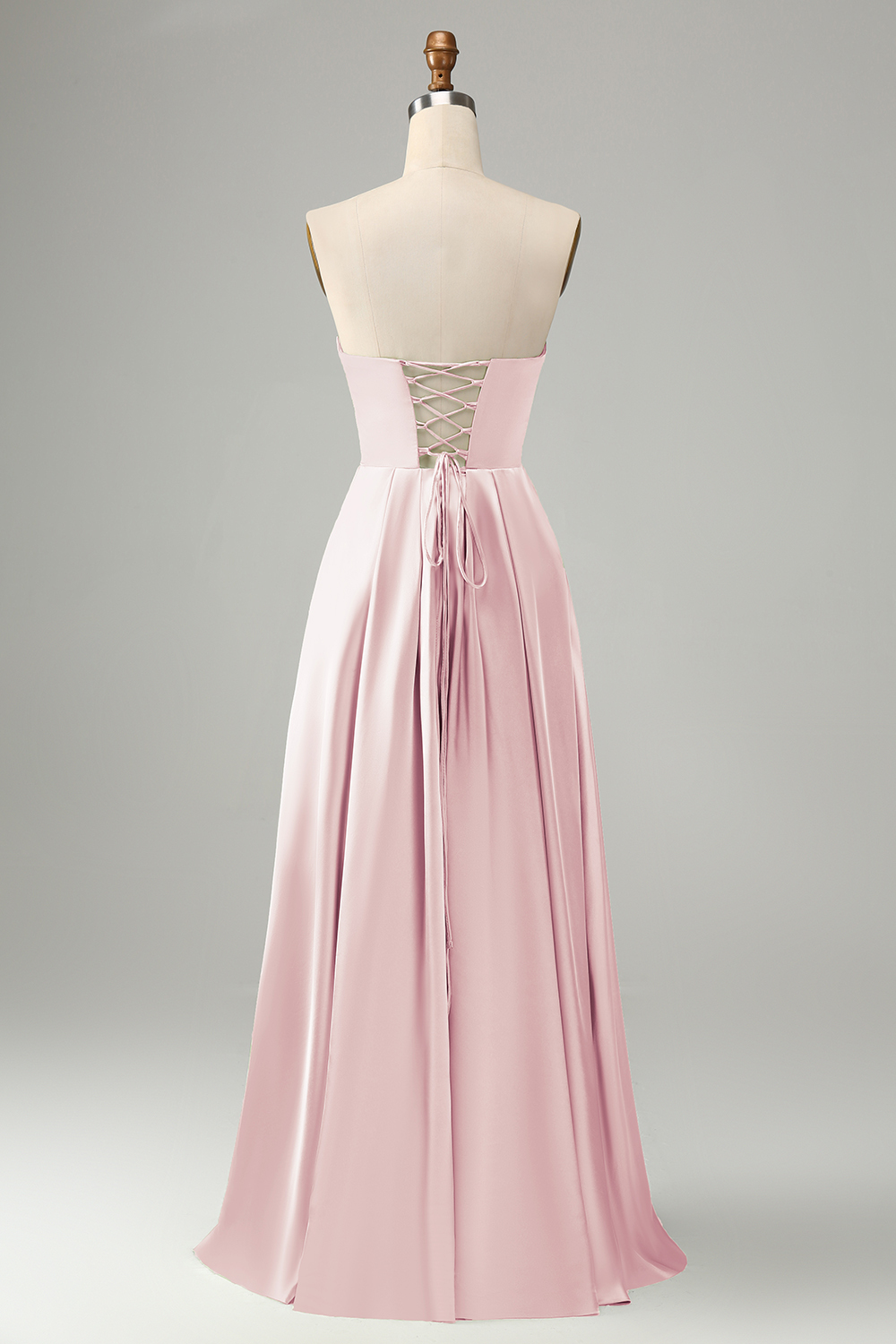 Green Satin A Line Lace Up Bridesmaid Dress with Slit