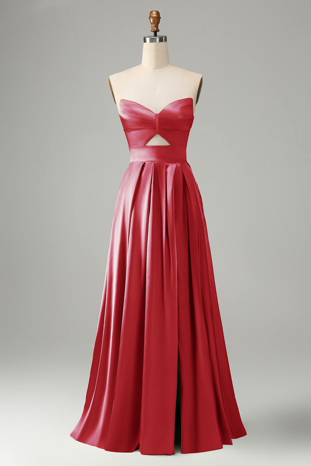 Green Satin A Line Lace Up Bridesmaid Dress with Slit