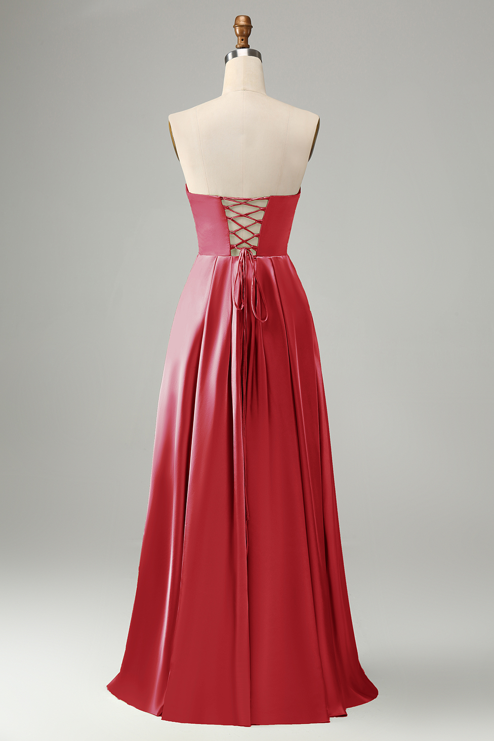 Green Satin A Line Lace Up Bridesmaid Dress with Slit