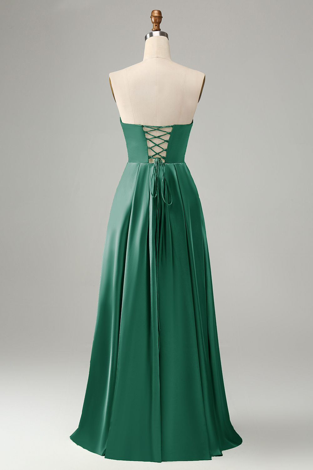 Green Satin A Line Lace Up Bridesmaid Dress with Slit