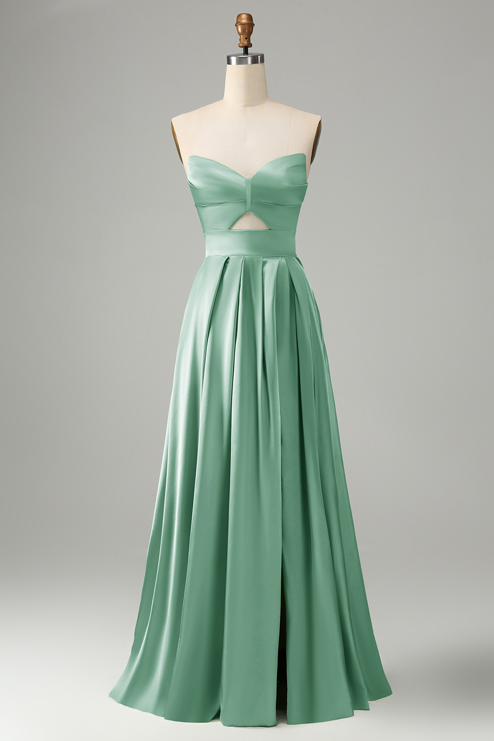 Green Satin A Line Lace Up Bridesmaid Dress with Slit