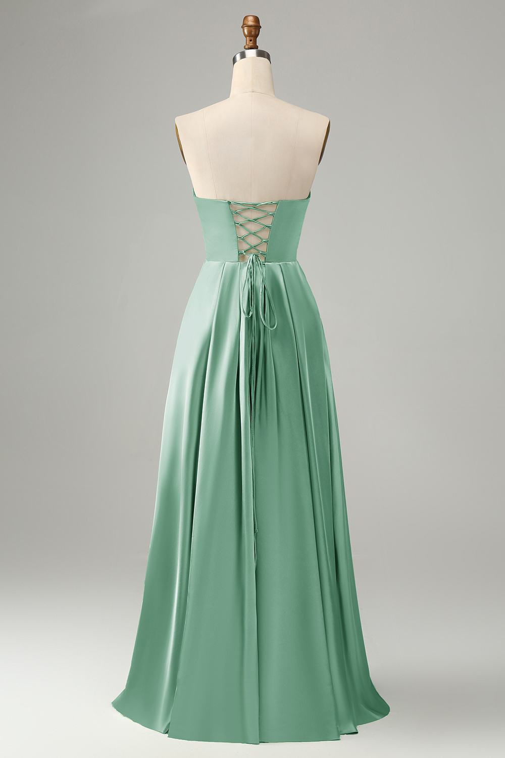 Green Satin A Line Lace Up Bridesmaid Dress with Slit