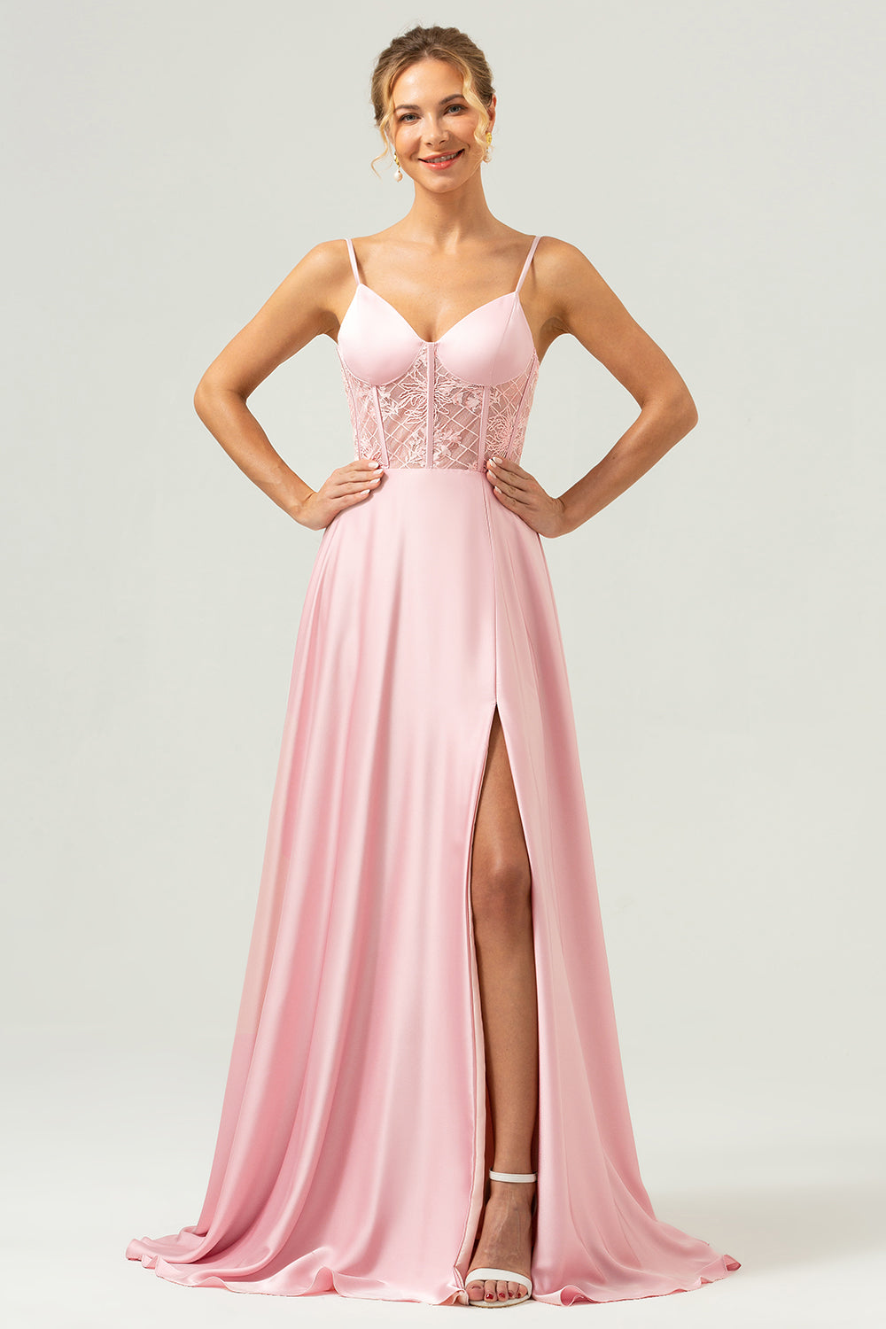 Leely Women Pink Spaghetti Straps A-Line Bridesmaid Dress with Slit Corset Boning Wedding Guest Dress