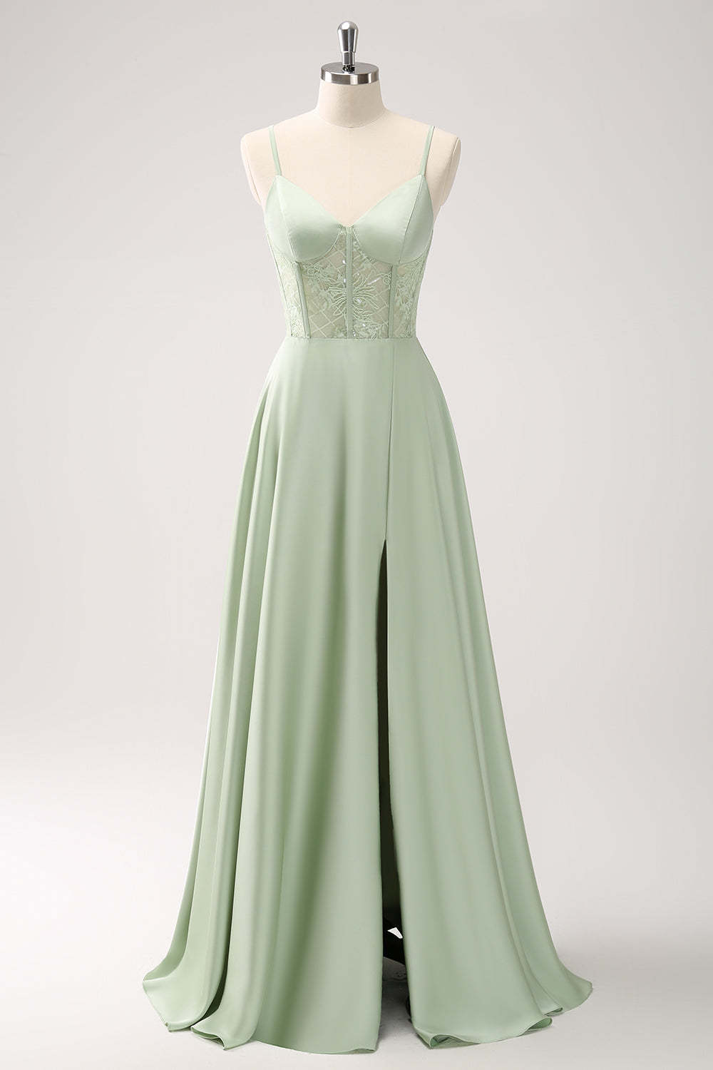 Leely Women Green Spaghetti Straps A-Line Bridesmaid Dress with Slit Corset Boning Wedding Guest Dress