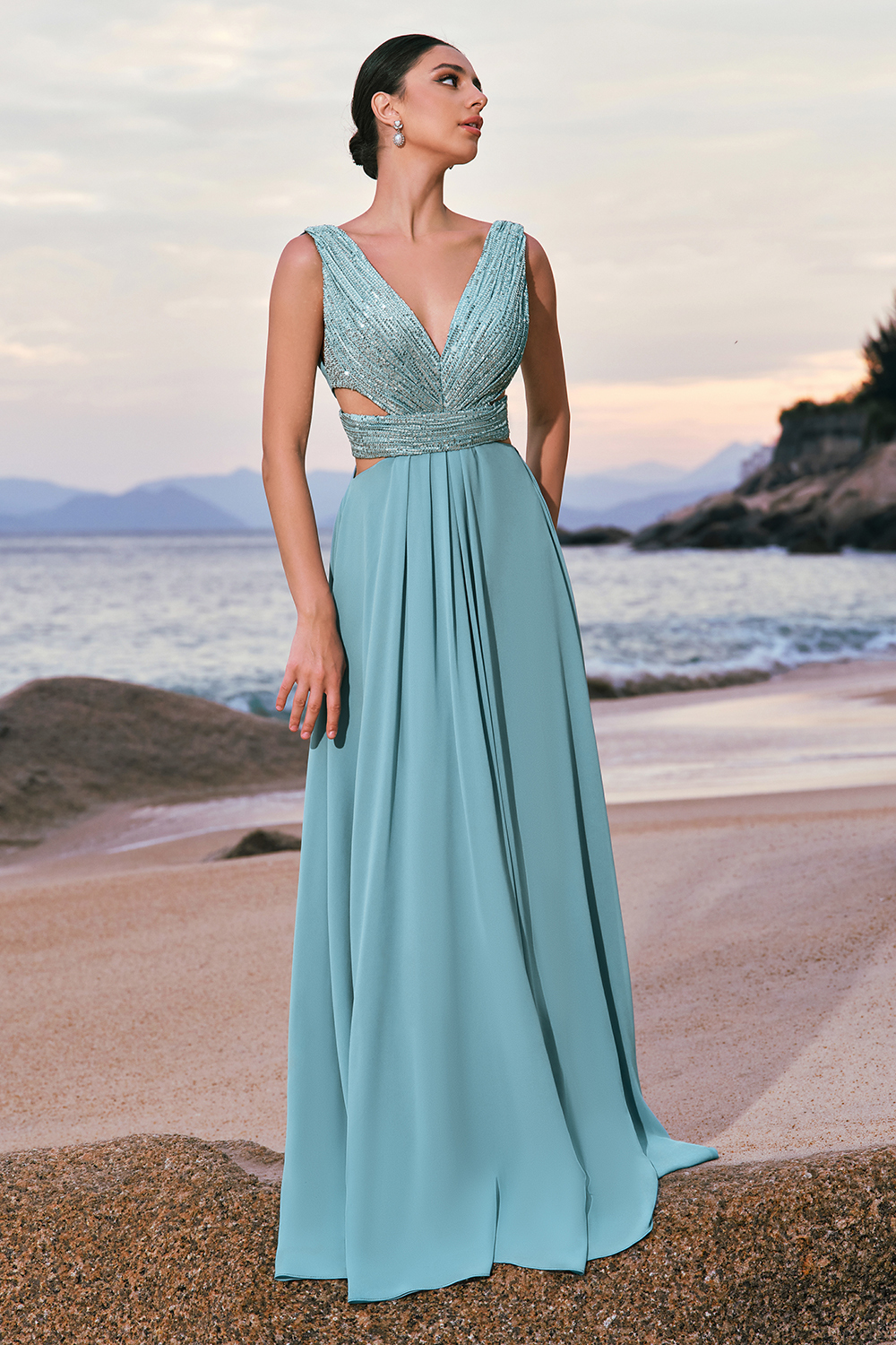 Grey Green Sequined Hollow Out A-Line Bridesmaid Dress