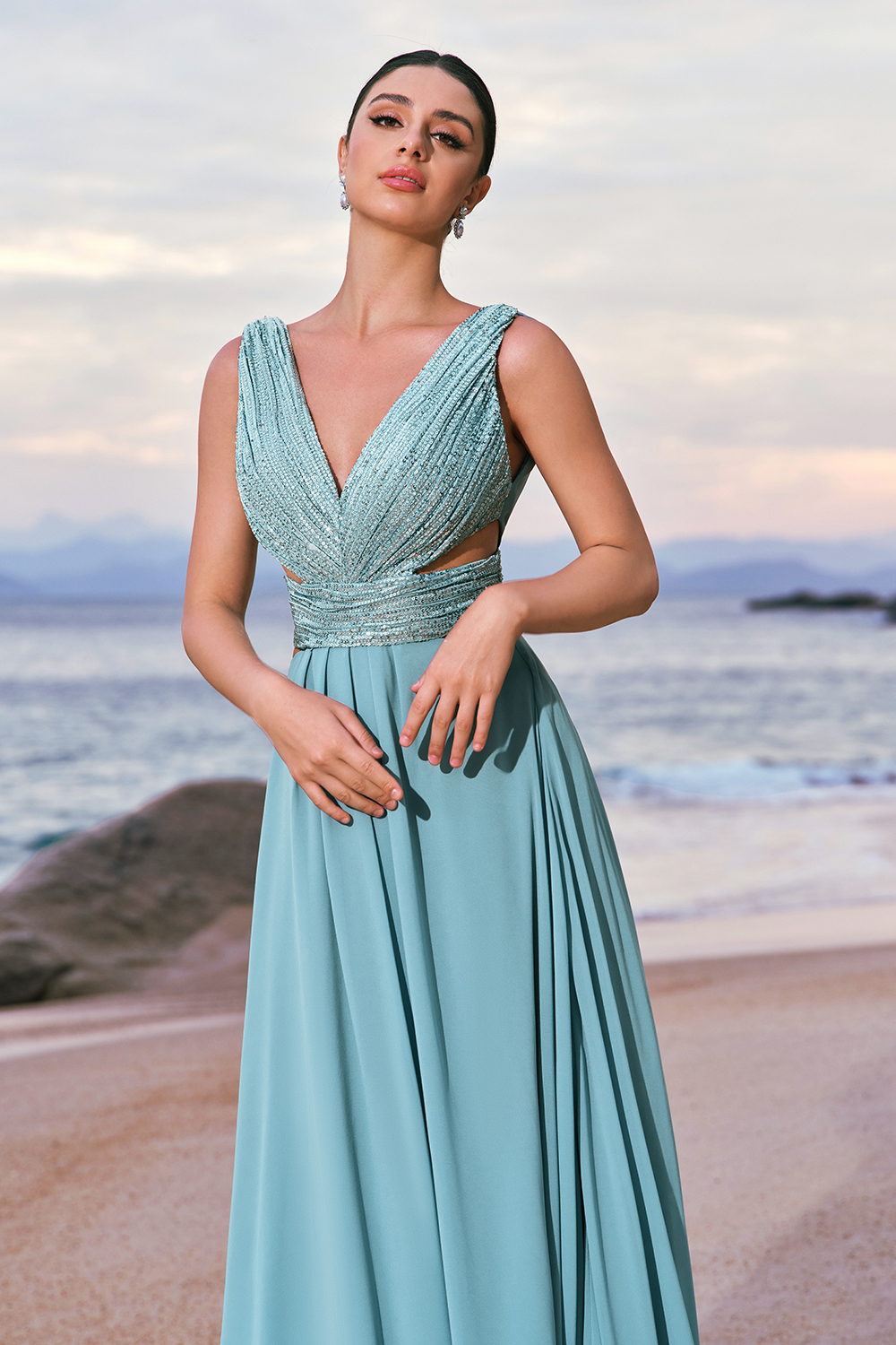 Grey Green Sequined Hollow Out A-Line Bridesmaid Dress