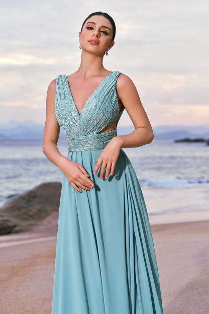Grey Green Sequined Hollow Out A-Line Bridesmaid Dress