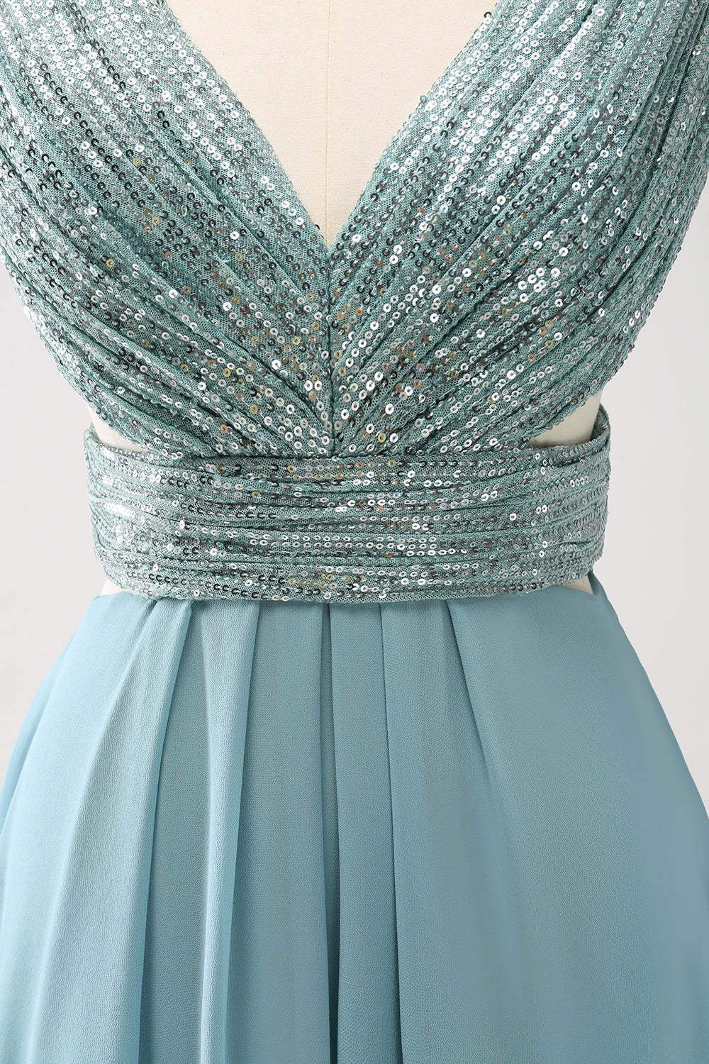 Grey Green V-Neck Sequined A-Line Bridesmaid Dress