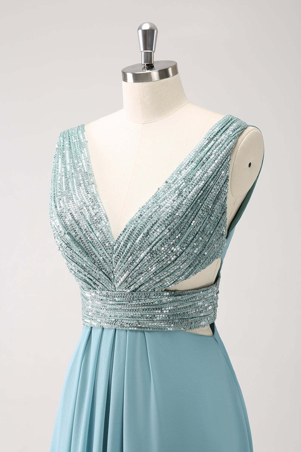 Grey Green V-Neck Sequined A-Line Bridesmaid Dress