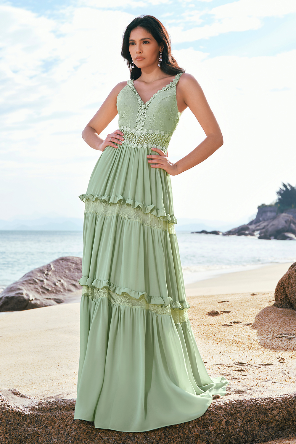 Green Bohemian V-Neck Tiered Chiffon Bridesmaid Dress