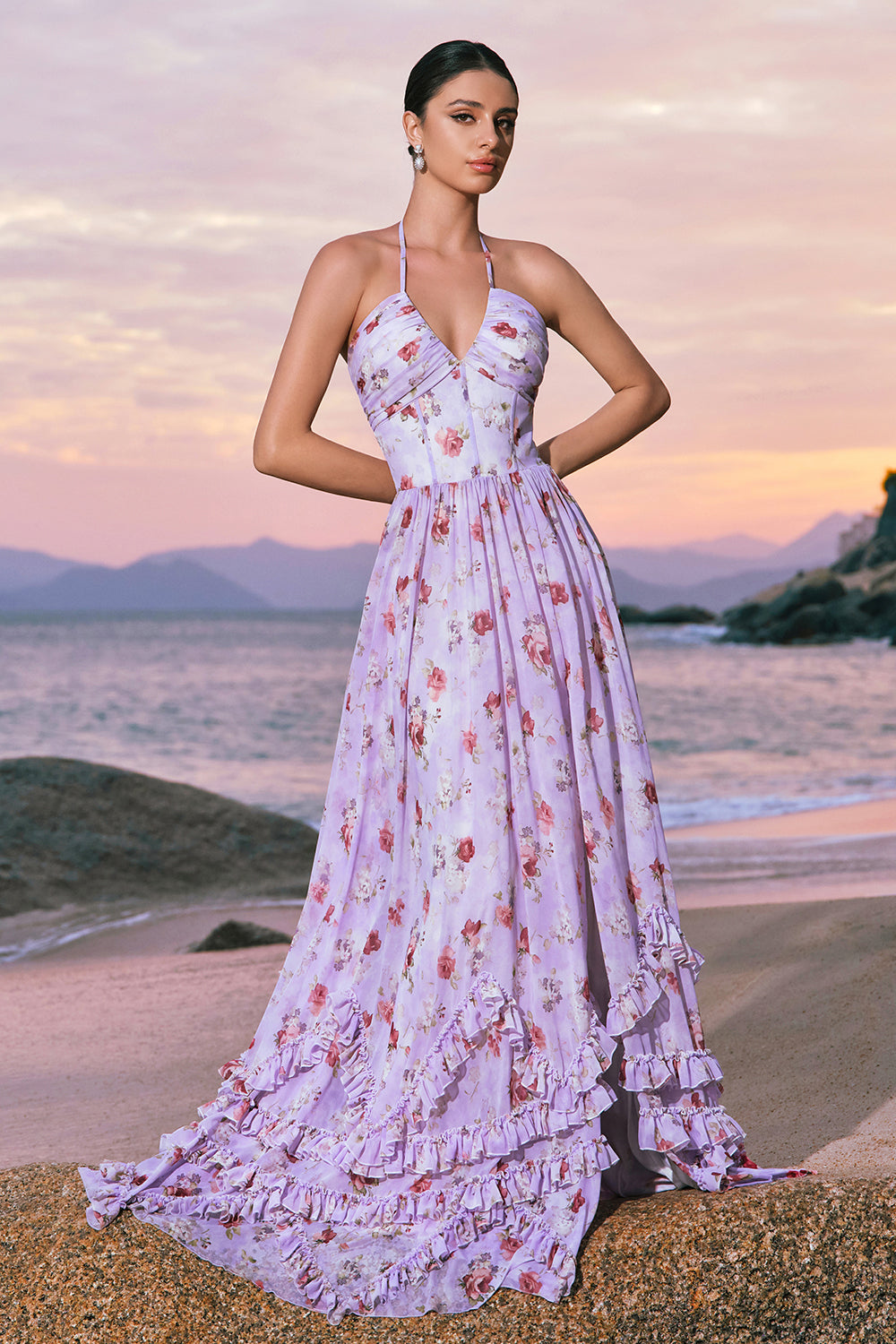 Grey Purple Halter Floral Ruffled A-Line Bridesmaid Dress with Slit