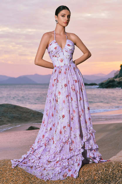 Grey Purple Halter Floral Ruffled A-Line Bridesmaid Dress with Slit