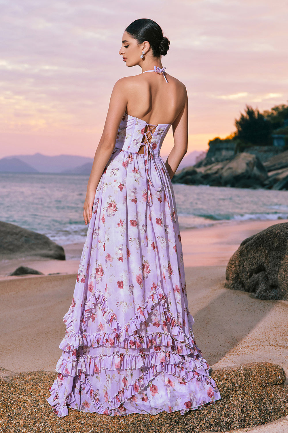 Grey Purple Halter Floral Ruffled A-Line Bridesmaid Dress with Slit